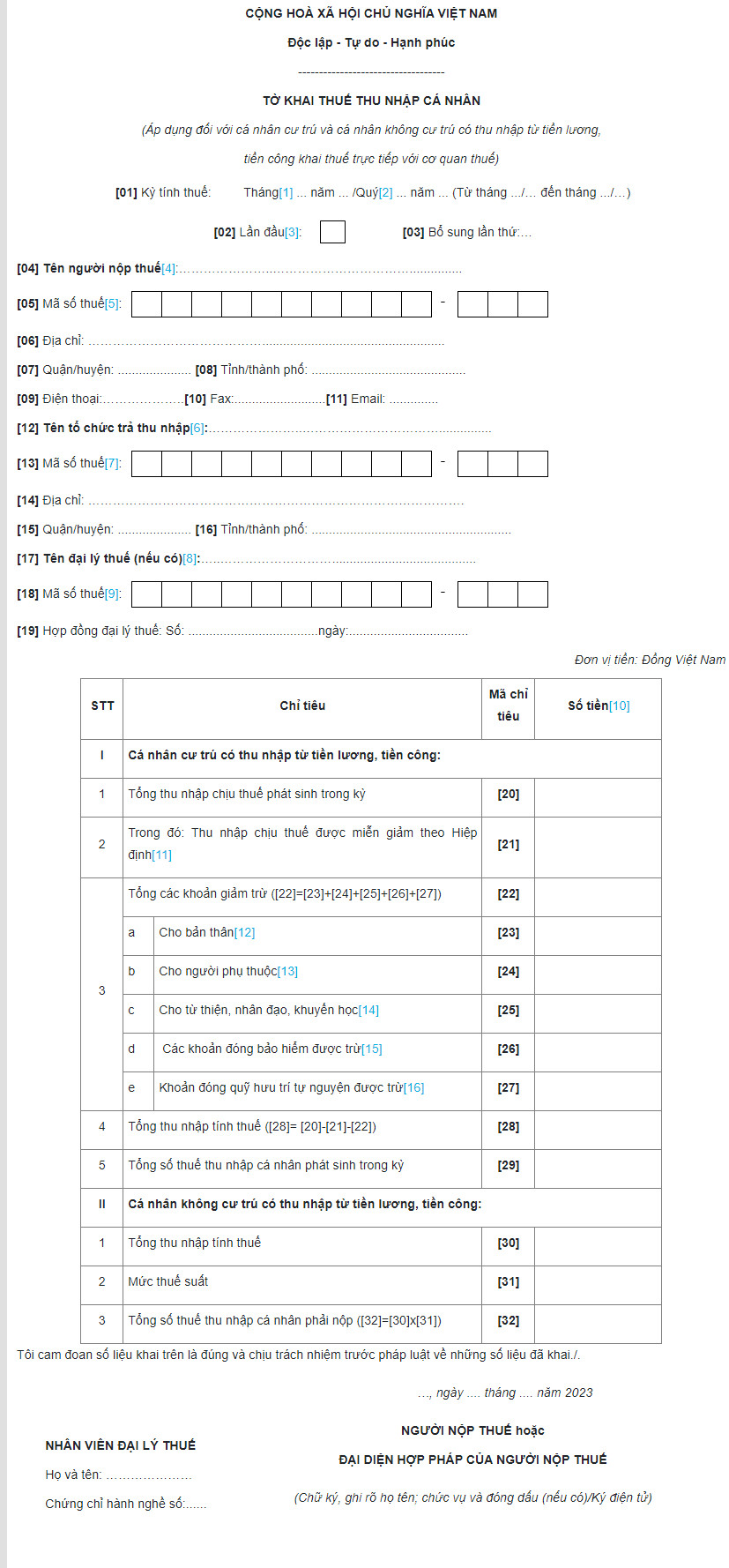 Mẫu 02/KK-TNCN tờ khai thuế TNCN