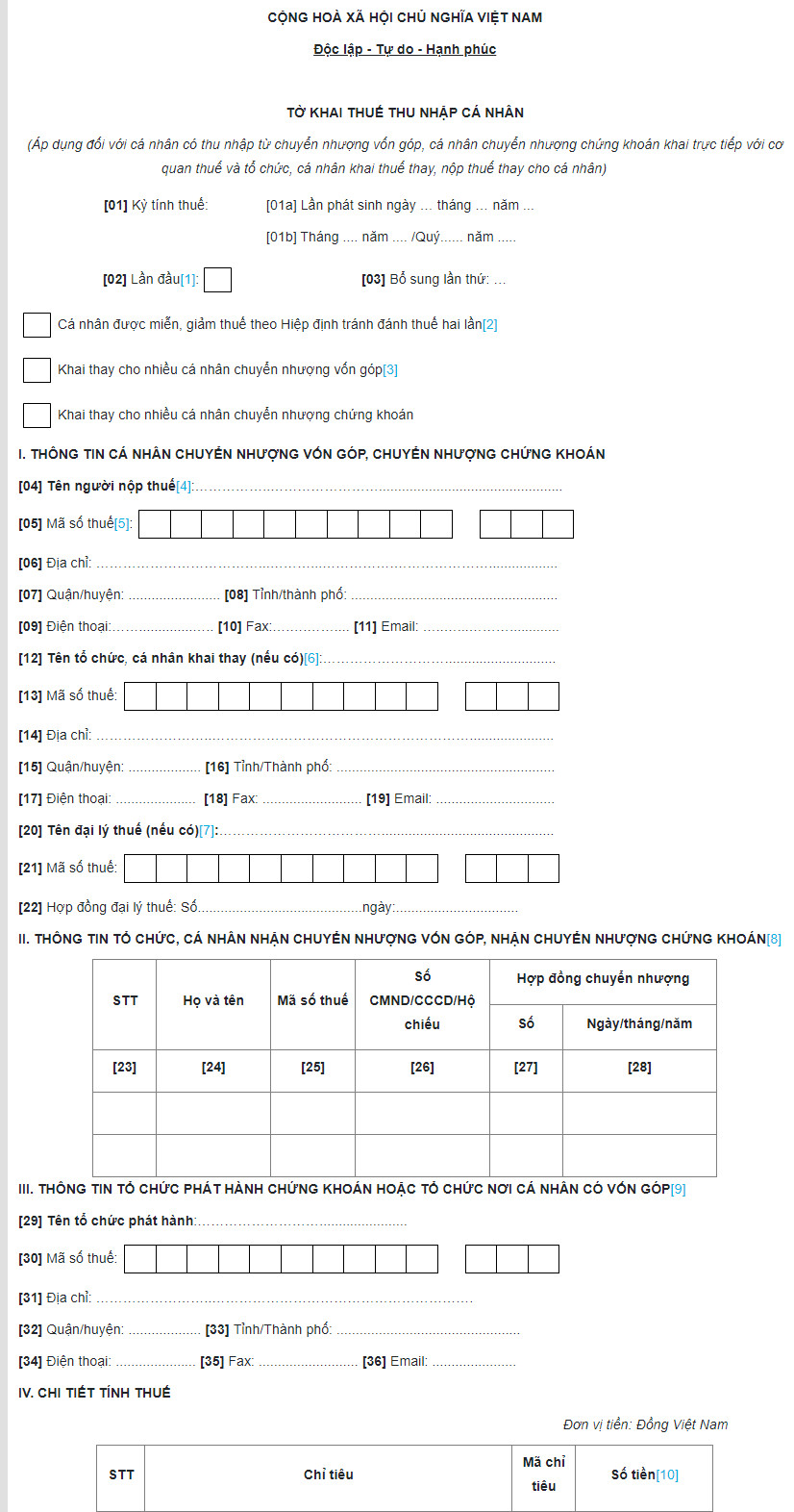 Tờ khai thuế thu nhập cá nhân mẫu 04