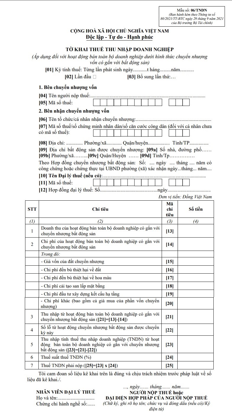 Tờ khai thuế TNDN mẫu 06/TNDN