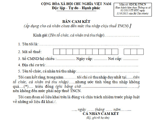 Bản cam kết thuế TNCN mẫu 02