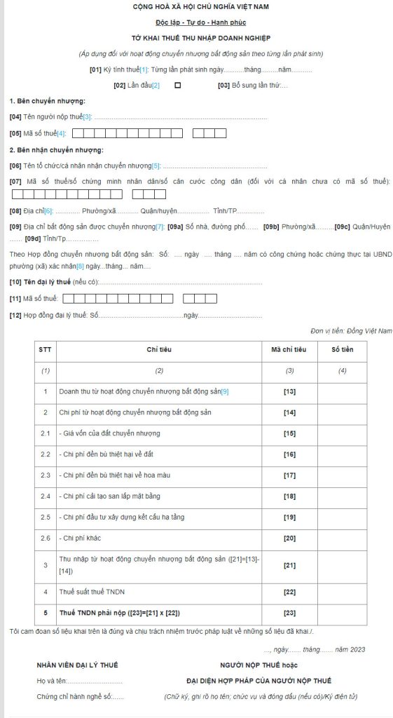 Mẫu 02/TNDN tờ khai thuế TNDN